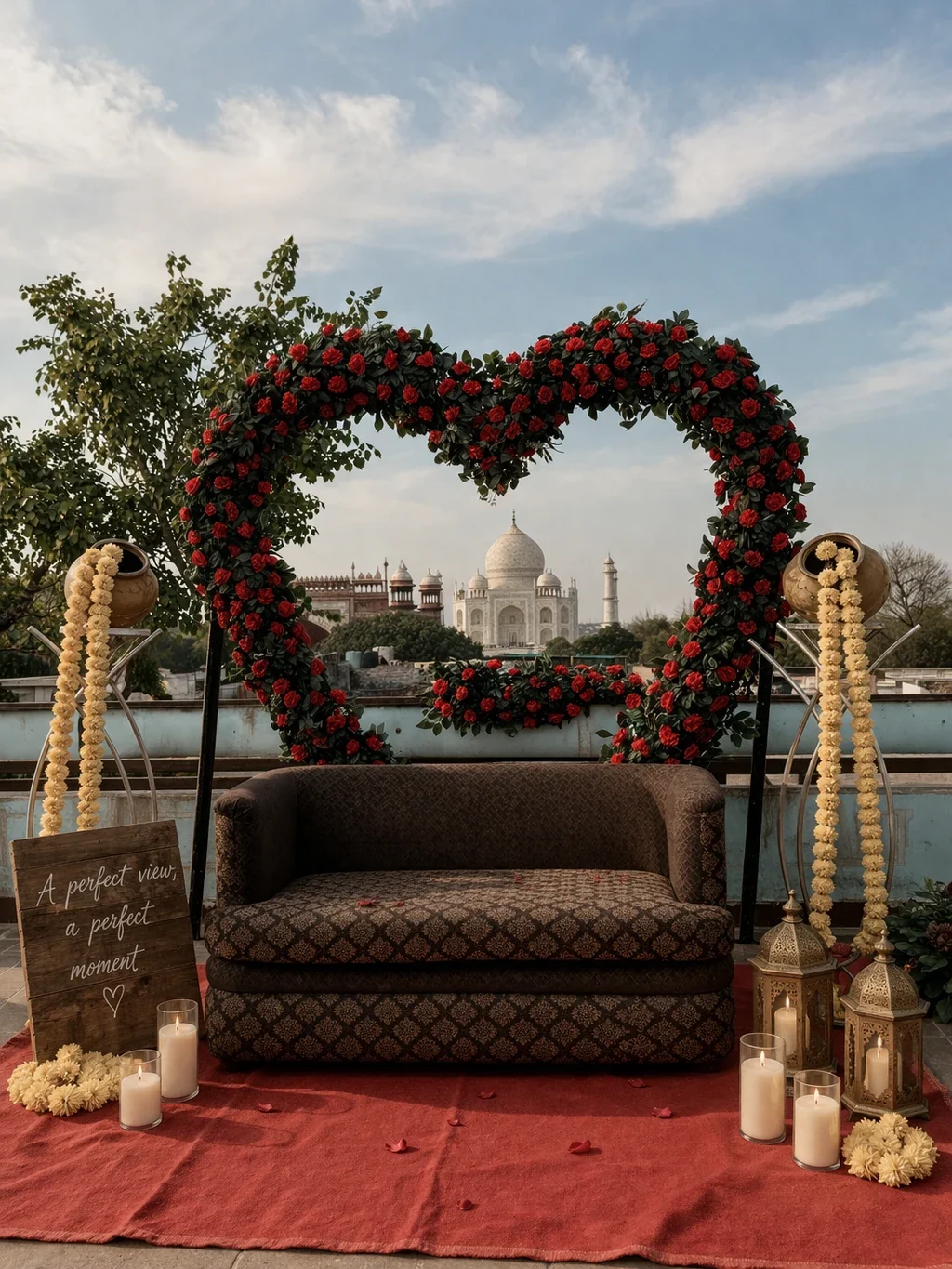 Rooftop set with a heart of roses, lanterns and candles facing the Taj Mahal